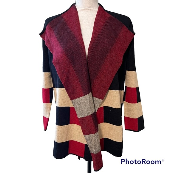 KASPER small womens knit cardigan black red tan 3/4 sleeve multicolor block NWT - Picture 10 of 11
